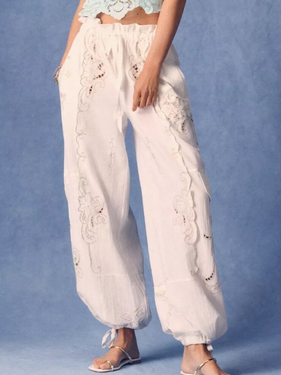 Anthropologie Pants - Anthropologie White Embroidered Linen Cargo Joggers for Women size XS